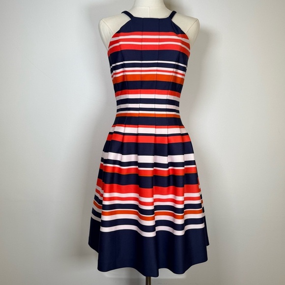 Vince Camuto Striped Scuba Halterneck Pleated Fit And Flare Dress Women’s Size 2 - Picture 1 of 15